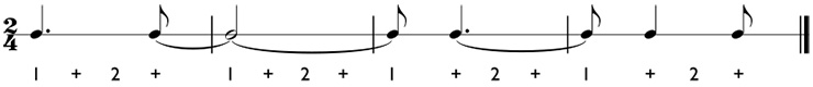 Syncopated rhythms with eighth notes and ties over the measure lines